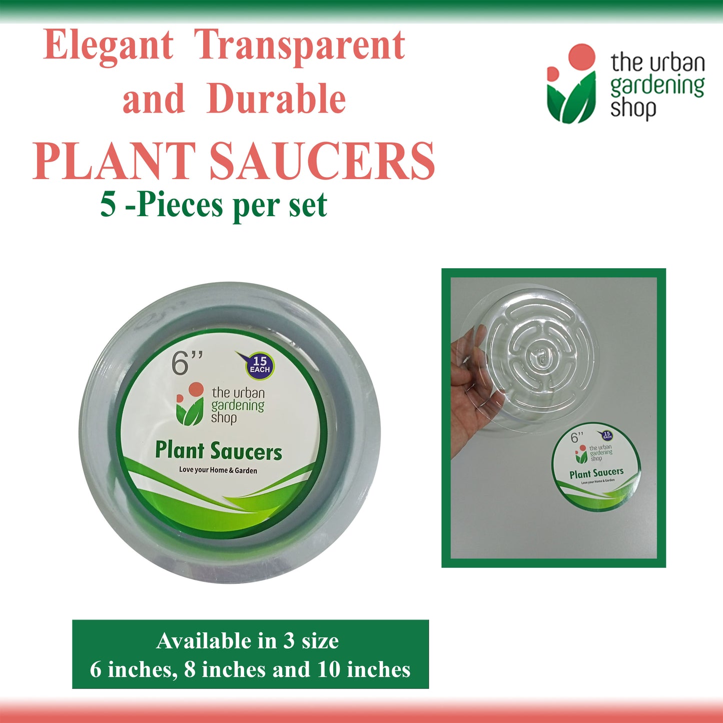 TRANSPARENT PLANT SAUCERS (5-pcs per set - new packaging) Elegant-looking Clear Round Plastic Plant Saucers