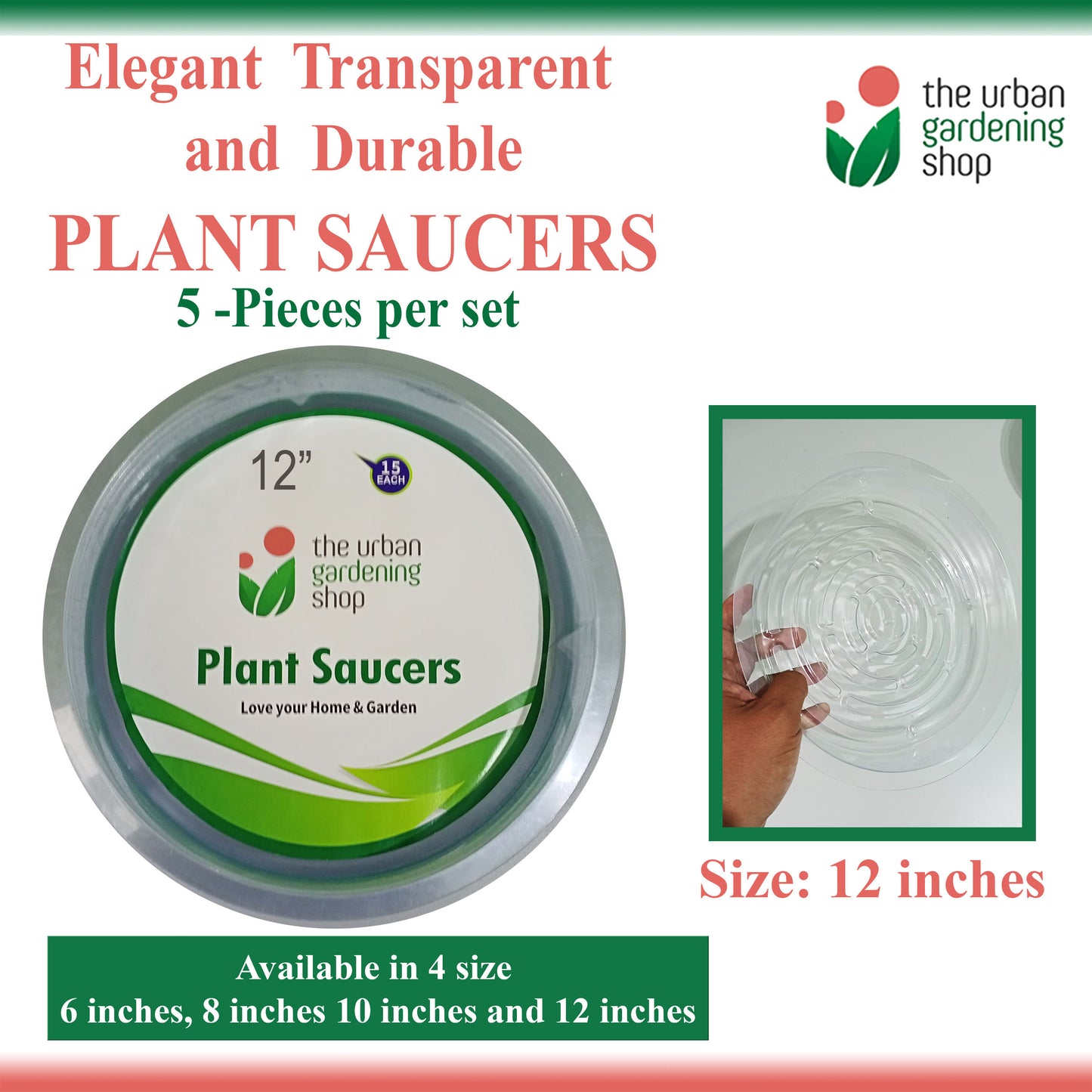 TRANSPARENT PLANT SAUCERS (5-pcs per set - new packaging) Elegant-looking Clear Round Plastic Plant Saucers