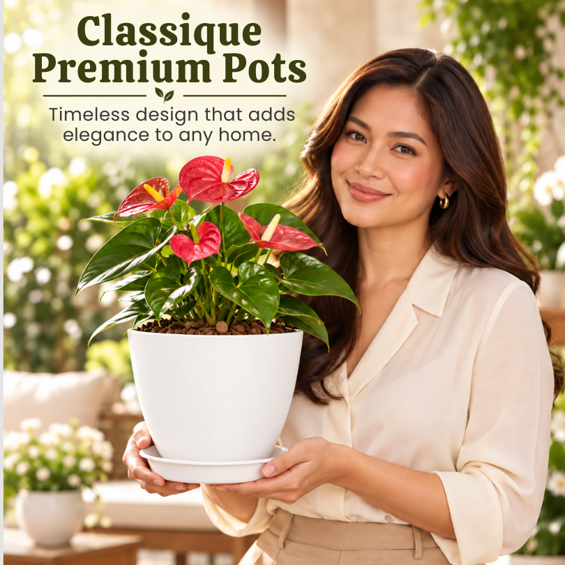 Classique Premium Plastic Plant Pot with Matching Catch Plate | Elegant Matte Textured Planter for Home Decor & Gardening | White or Black | 14cm, 18cm & 20cm