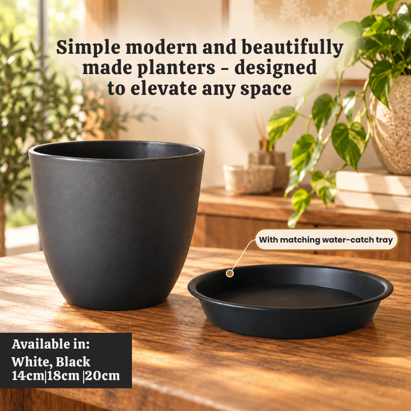 Classique Premium Plastic Plant Pot with Matching Catch Plate | Elegant Matte Textured Planter for Home Decor & Gardening | White or Black | 14cm, 18cm & 20cm