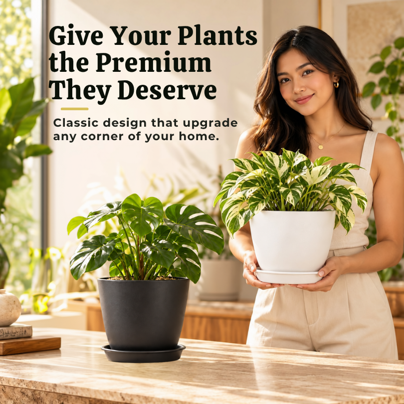 Classique Premium Plastic Plant Pot with Matching Catch Plate | Elegant Matte Textured Planter for Home Decor & Gardening | White or Black | 14cm, 18cm & 20cm