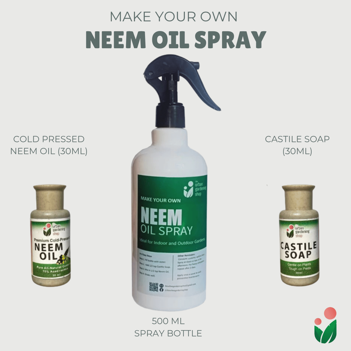 Neem Oil Spray Do-it-Yourself Kit for Gardening Use (Neem + Castile Soap Bundle Kit)