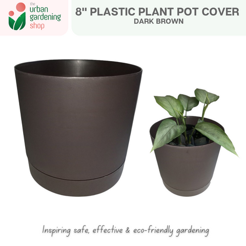 8" Plastic Pot Cover For Indoor Plants | White Grey Green or Dark Brown