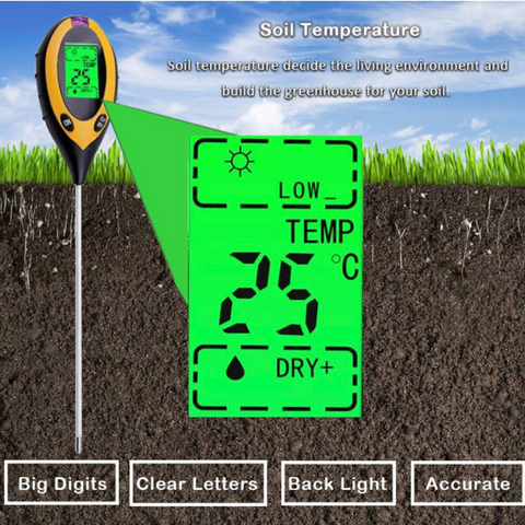 4-in-1 Soil Test Meter for pH Level Moisture Temperature and Sunlight - Ideal for Gardening Use