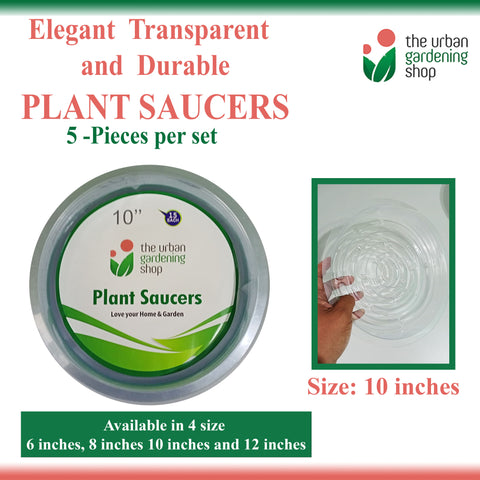 TRANSPARENT PLANT SAUCERS (5-pcs per set - new packaging)  Elegant-looking Clear Round Plastic Plant Saucers