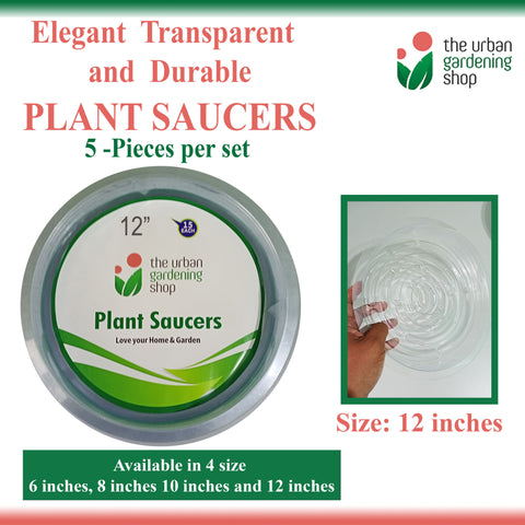 TRANSPARENT PLANT SAUCERS (5-pcs per set - new packaging)  Elegant-looking Clear Round Plastic Plant Saucers