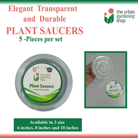TRANSPARENT PLANT SAUCERS (5-pcs per set - new packaging)  Elegant-looking Clear Round Plastic Plant Saucers
