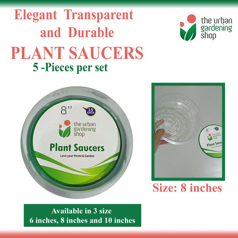 TRANSPARENT PLANT SAUCERS (5-pcs per set - new packaging)  Elegant-looking Clear Round Plastic Plant Saucers
